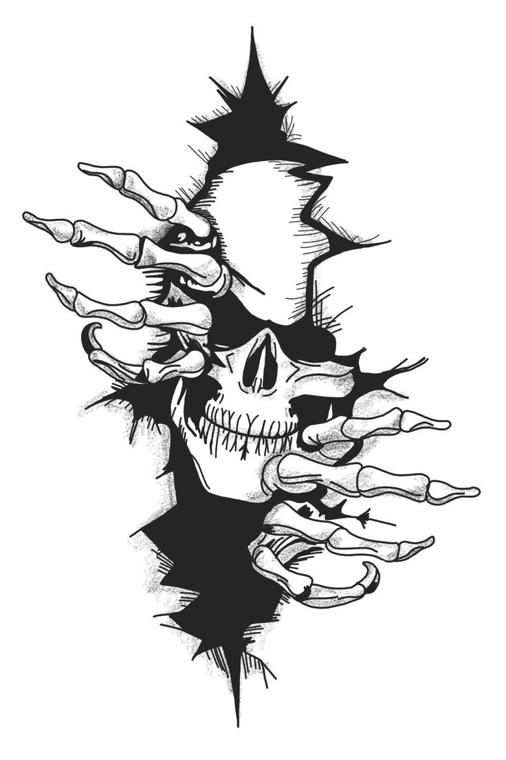 a black and white drawing of a skull with claws