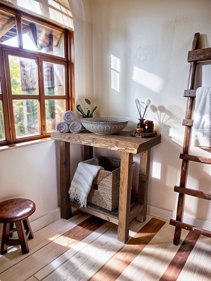 a wooden table sitting in front of a window next to a chair and stool with towels on it