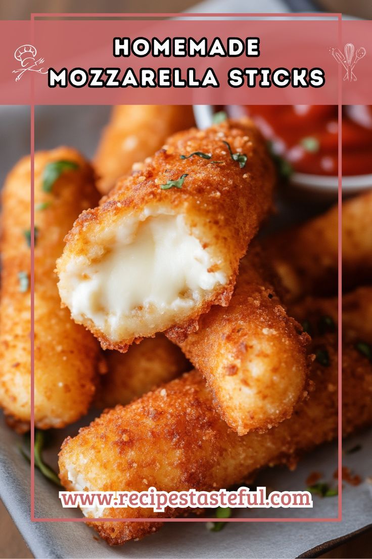 homemade mozzarella sticks on a plate with dipping sauce