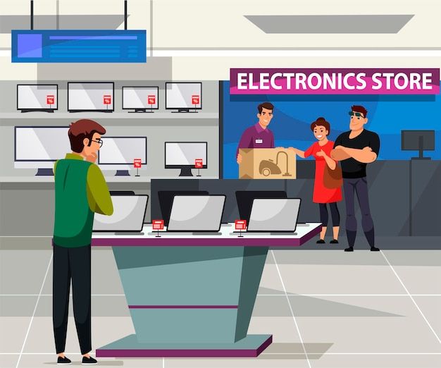 people standing in front of electronics store with laptops on the counter and one man holding a cardboard box