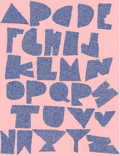 the alphabet is made up of letters and numbers in blue on pink paper with black dots