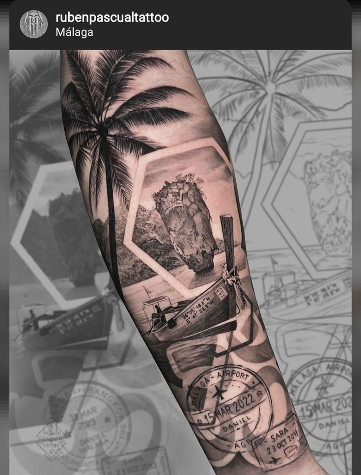 a man's arm with an island and palm trees on it