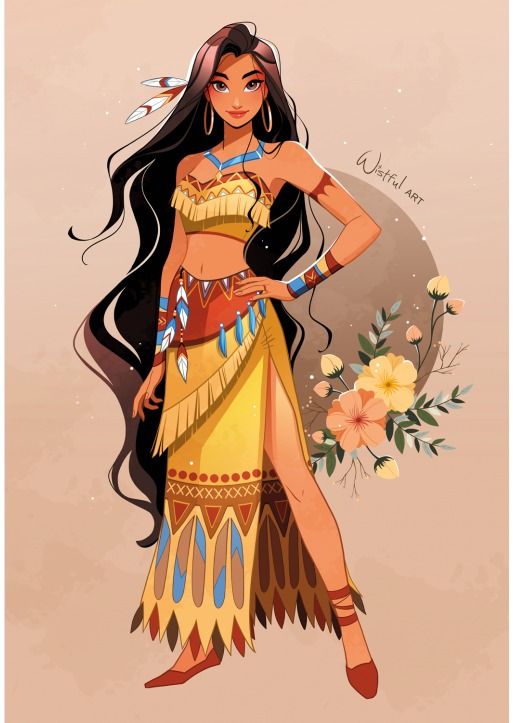 a drawing of a woman dressed in native american clothing with long black hair and flowers