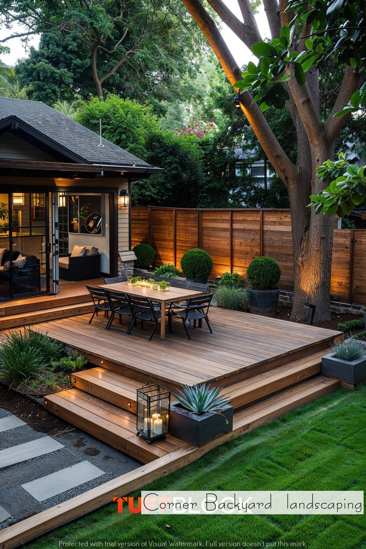 an outdoor patio with steps leading up to the deck and dining table in the center