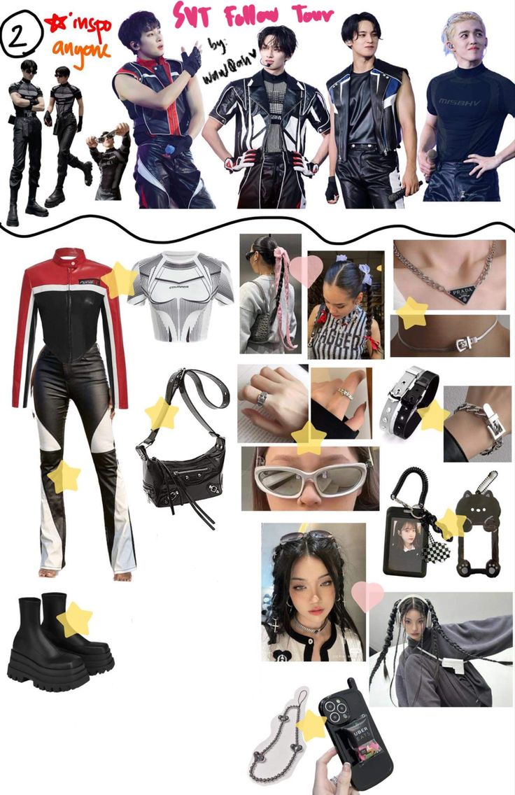 the collage shows several different types of clothing and accessories, including boots, sunglasses, gloves