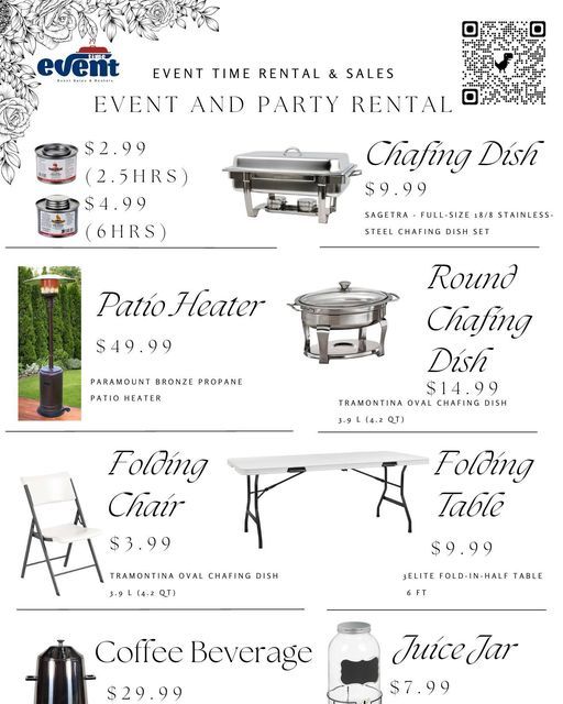 the event and party rental flyer is shown with chairs, tables, and other items