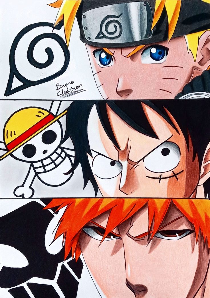 My Drawing 🎨 Naruto Ichigo Luffy Goku, The Big 3 Anime Wallpaper, Naruto Goku Luffy Drawing, The Big 3 Naruto Luffy Ichigo, Bleach Anime Drawings Easy, Big 3 Anime Wallpaper, Ichigo And Naruto, Anime With Color, The Big 3 Anime