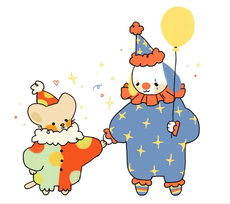 two cartoon characters are holding hands and one is wearing a clown hat while the other has a balloon