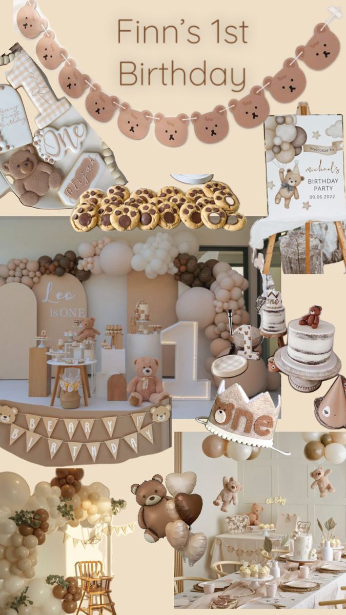 a collage of photos with teddy bears and other items for a baby's first birthday