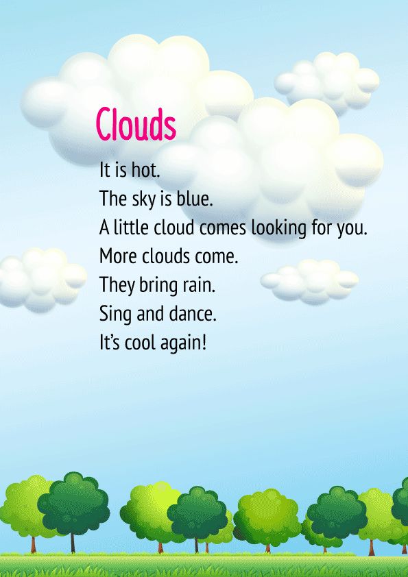 clouds are floating in the sky above green trees and blue sky with pink lettering on it