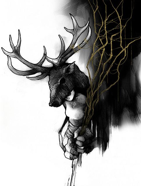 a drawing of a deer with horns on it's head and hands holding something in his other hand