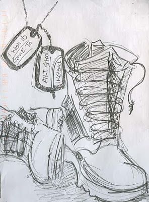 a drawing of a pair of boots with tags attached to them