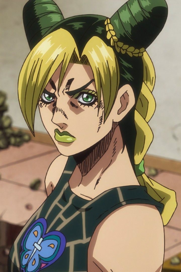 an anime character with blonde hair and green eyes, wearing a black top that has horns on it's head