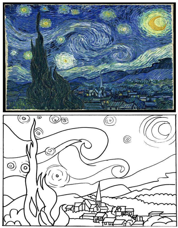 two different paintings one has a tree and the other is a starry night