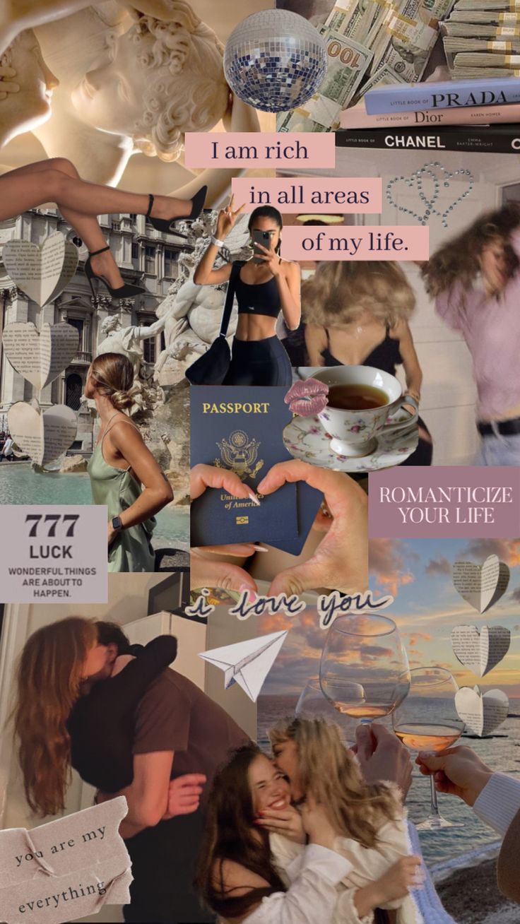 the collage shows many different images and words