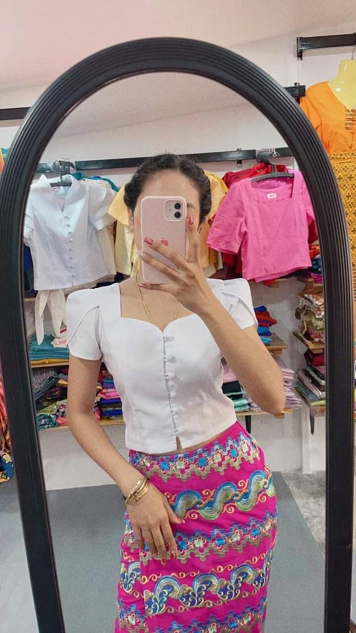 "Please read before place the order :) This is pre-order Thai-Lao traditional blouse style for Lady. Processing time for making the blouse is ~ 2-3 weeks (not included shipping). The available bust size 32-42. Please select size and design from the option and fill in the number of the required color by choosing the color no (#) from the color chart as in the list. Item not include sarong, jewelry or accessory Note 1: The trim strip may be not exactly match as the listed picture due to different Lao Clothing, Lao Dress, Myanmar Outfit, Laos Clothing, Thai Wedding Dress, Burmese Clothing, Thai Traditional Dress, Myanmar Traditional, Myanmar Traditional Dress