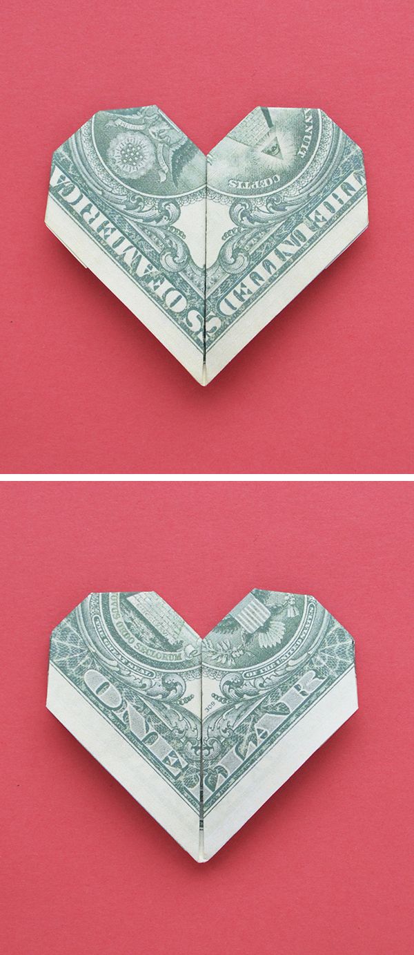 two pictures of money folded into the shape of a heart