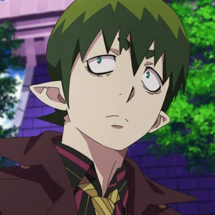 an anime character with black hair and green eyes looks at the camera while standing in front of some trees