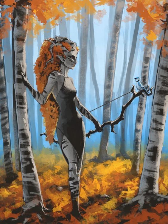 a painting of a woman in the woods