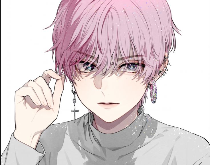 an anime character with pink hair and piercings on his ears is looking at the camera