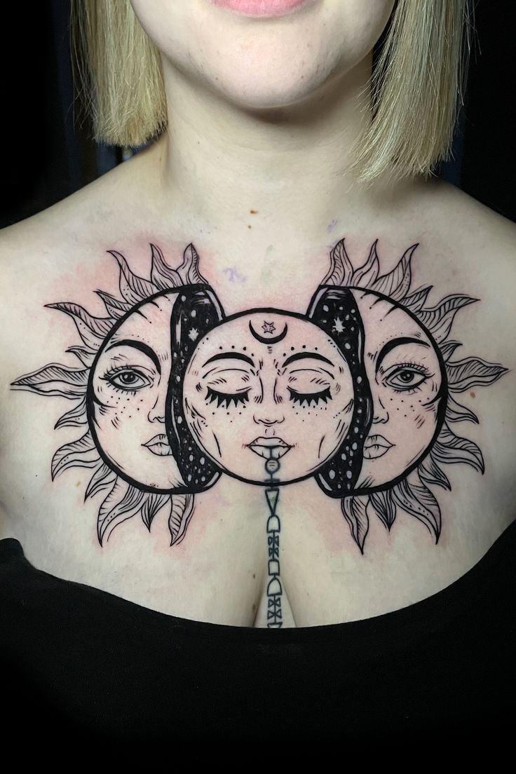 a woman with sun and moon tattoos on her chest