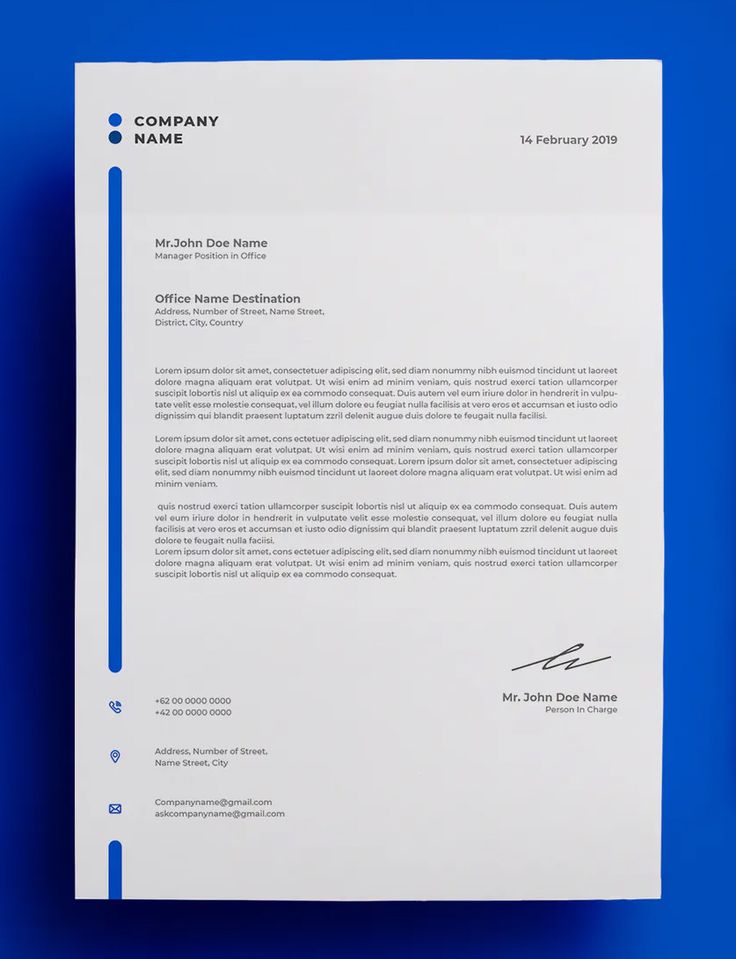 a blue and white business letterhead on a blue background