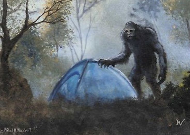 a painting of a gorilla holding onto a blue tent