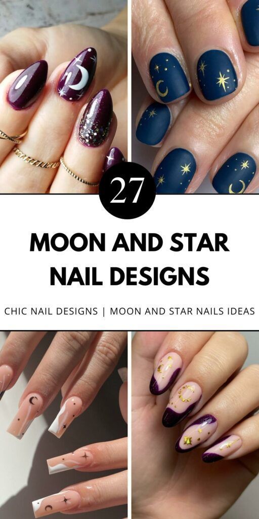 Find simple crescent moon nail designs in blue, purple, pink, and gold. Perfect for short nails and minimalist styles. Save this pin to your nail art board and check out the article for more ideas. Moon And Star Nail Designs, Star Nail Designs, Hot Nail Designs, Chic Nail Designs, Star Nail, Purple Moon, Star Nail Art, Moon Nails, Nail Type