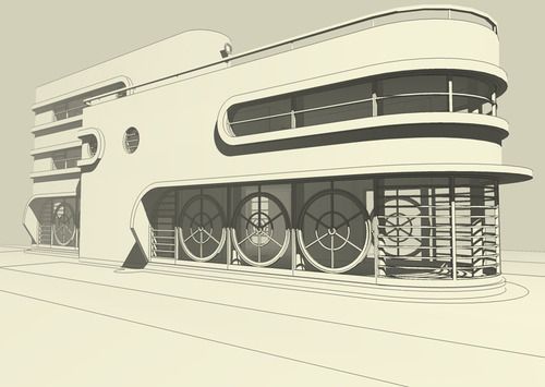 an architectural rendering of a building with large circular windows