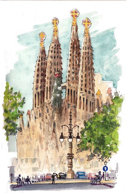 a watercolor painting of barcelona's saffronil towers