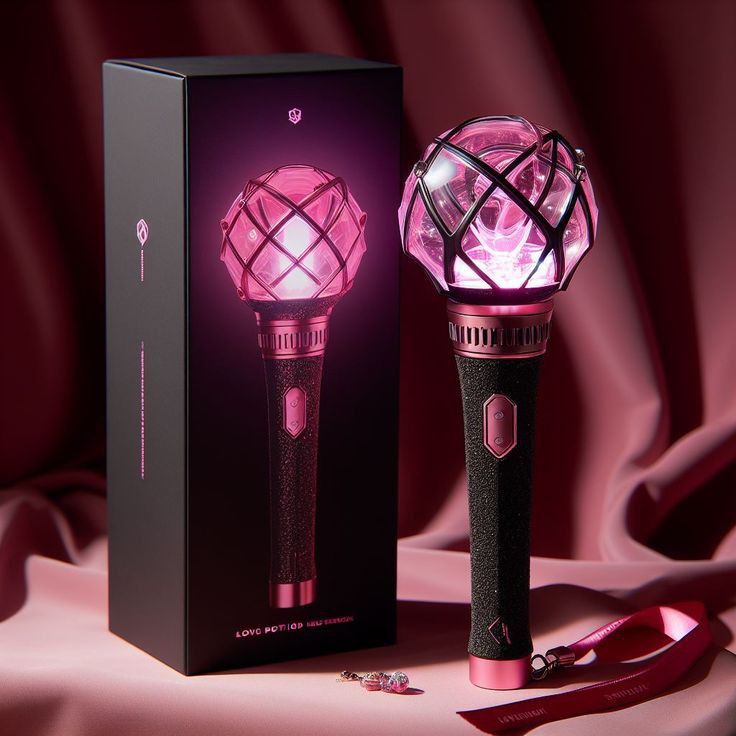 a pink light up flashlight next to a black box