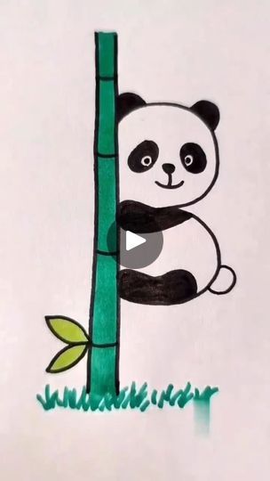 a drawing of a panda bear climbing a bamboo tree with green leaves on it's side