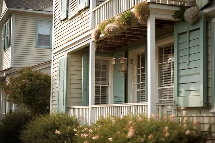 a row of houses with green shutters and flowers on the front porch, along with bushes