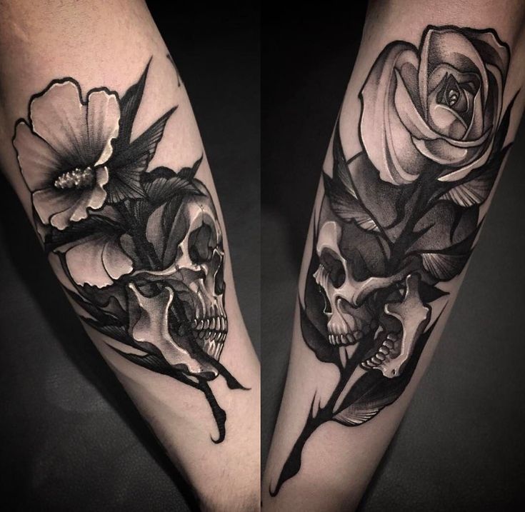 two black and white tattoos on both legs with roses, skulls and flowers in them