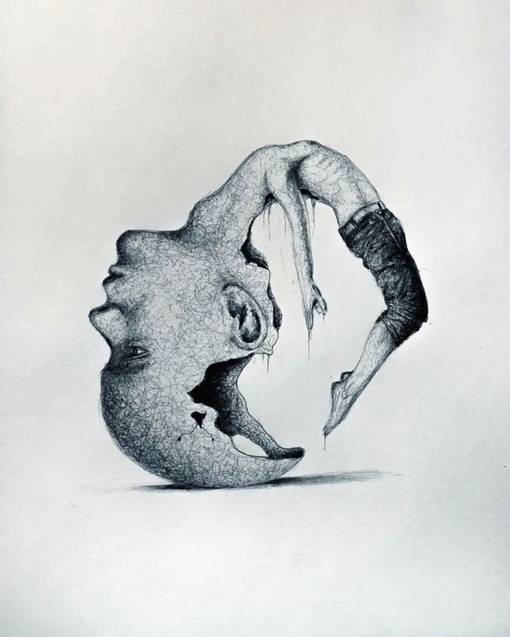 a pencil drawing of a man falling off his head