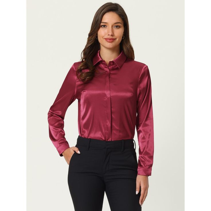 Keep your look professional and stylish in this satin shirt from Hobemty. This satin shirt can be a perfect addition to almost any outfit from formal to daily wear, great for work, meetings, office, work, casual, daily dressing, etc. Pair it with pencil skirts or suit pants for an elegant office look. Comfortable and versatile, this satin shirt can be perfect on its own or as a layer under a blazer. Elegant Satin Office Shirt, Elegant Satin Shirt For Office, Classic Satin Shirt For Workwear, Sleek Collared Satin Shirt, Sleek Satin Collared Shirt, Elegant Red Shirt With Button Closure, Satin Tops With Button Closure For Work, Satin Button-up Blouse For Work, Semi-formal Solid Color Sleek Shirt