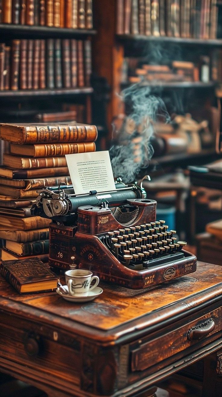 an old fashioned typewriter sitting on top of a wooden table in front of bookshelves