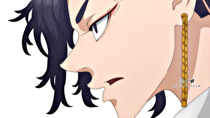 an anime character with long black hair and piercings on his ears, looking to the side