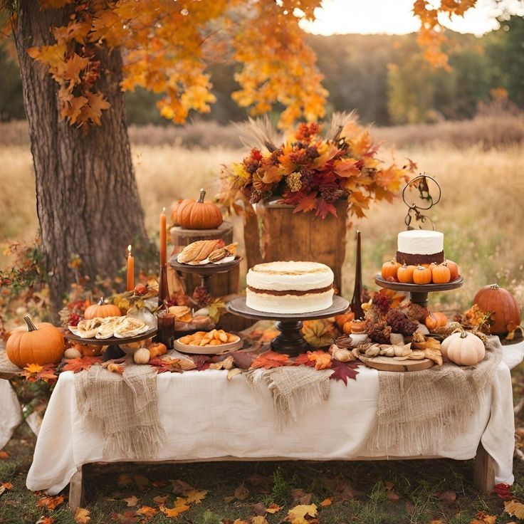 a table topped with cakes and desserts next to a tree covered in fall leaves