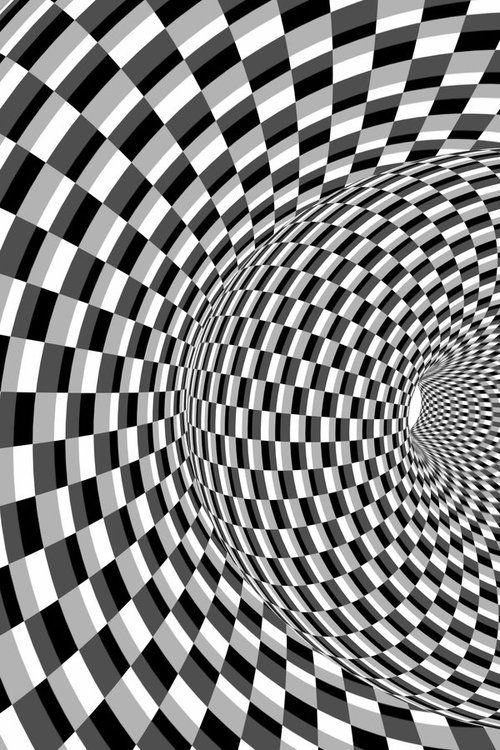 an abstract black and white image with distorted lines in the center, forming a spiral pattern