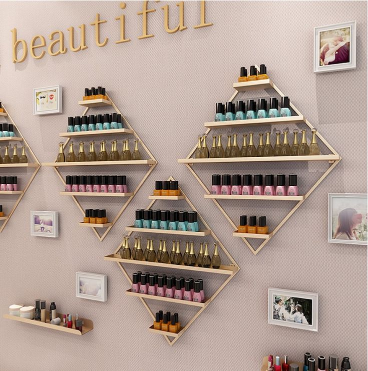 Desain Salon Kuku, Nail Polish Shelf, Nail Room Ideas, Nail Salon Interior Design, Nail Salon Interior, Nail Polish Rack, Salon Suites Decor, Home Nail Salon, Nail Salon Decor