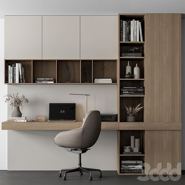 an office with a desk, bookshelf and chair