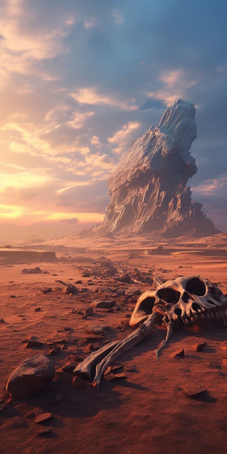 a large animal skull sitting on top of a sandy beach next to a giant rock