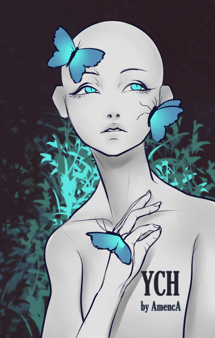 a woman with blue butterflies on her shoulder and the words ych by america in front of her face