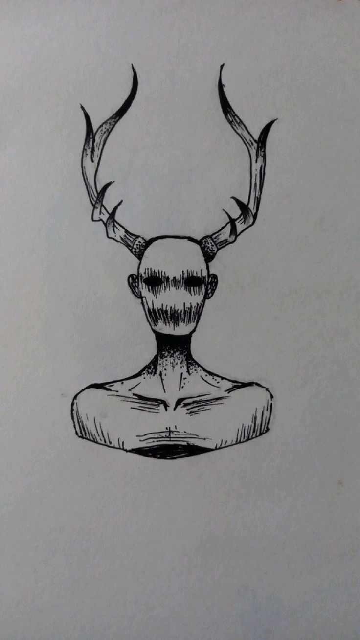 a black and white drawing of a deer's head with long antlers on it