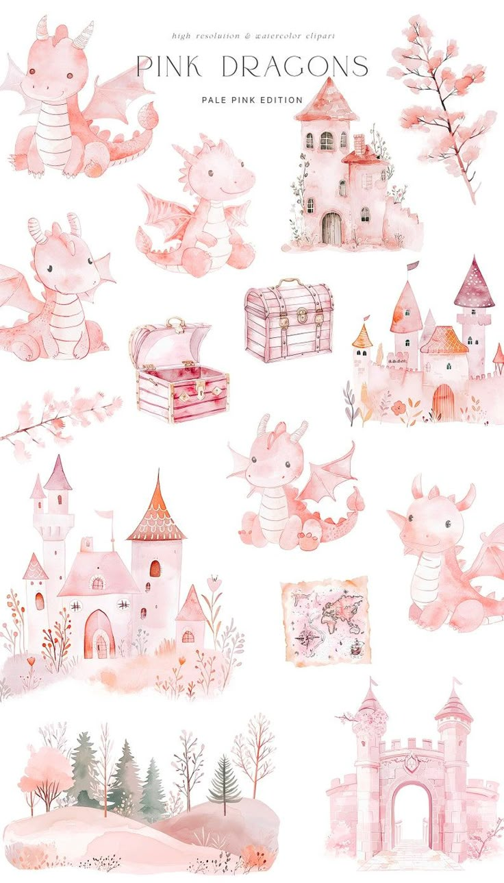 pink watercolors are arranged in the shape of castles and other things that appear to be painted