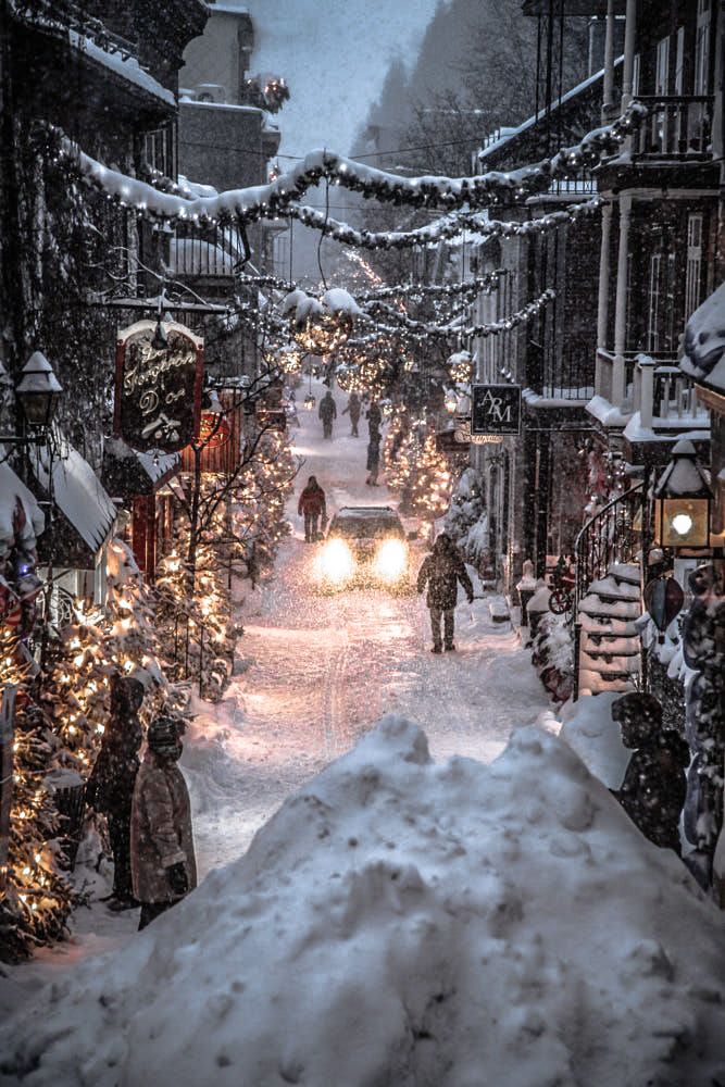 people walk down a snowy street lined with christmas lights