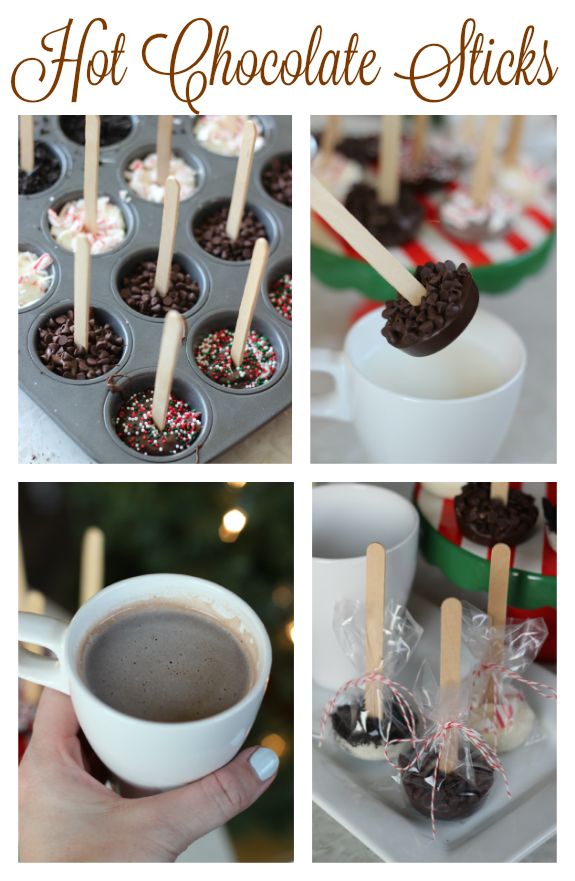 hot chocolate sticks are being dipped with marshmallows and sprinkles