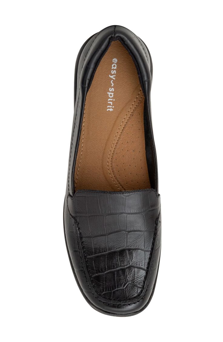 A sleek, square apron toe streamlines a preppy loafer made of supple leather to provide a versatile style you'll reach for every day. 1" heel Leather upper/synthetic lining and sole Imported Classic Slip-on Flats With Square Toe, Classic Slip-ons With Square Toe And Rubber Sole, Workwear Faux Leather Slip-ons With Flat Heel, Classic Low Heel Slip-ons For Workwear, Office Slip-on Flats With Square Toe, Classic Pointed Toe Synthetic Slip-ons, Elegant Faux Leather Slip-ons With Round Toe, Office Flats With Square Toe, Classic Medium Width Slip-ons For Work