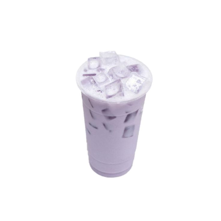 a purple cup filled with ice on top of a white table